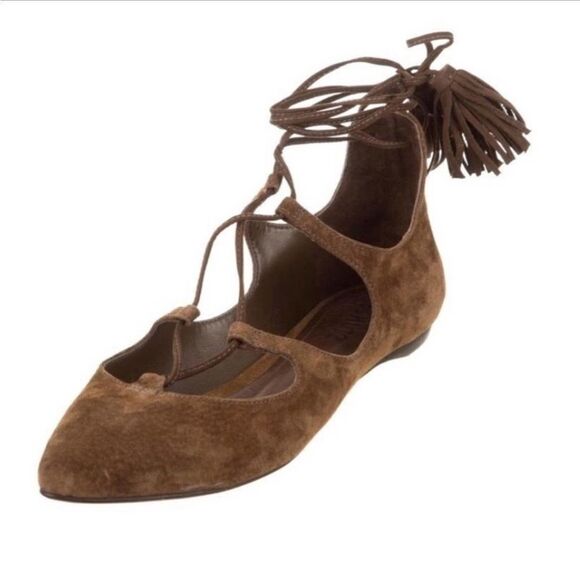 SCHUTZ Brown  Suede Pointy Ballet Flat Shoes Gladiator Laces  9 - Picture 1 of 11